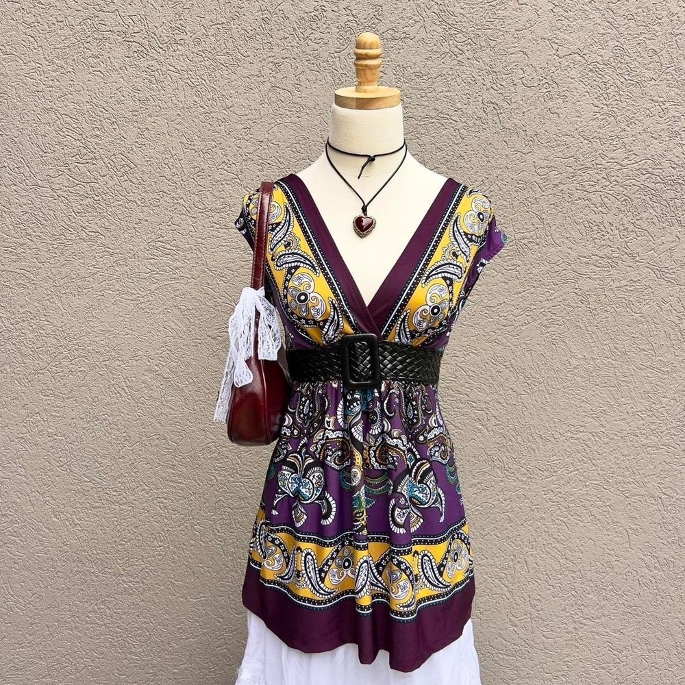 Vintage Y2K Wet Seal Purple Paisley Babydoll Top Size XS Boho Hippie